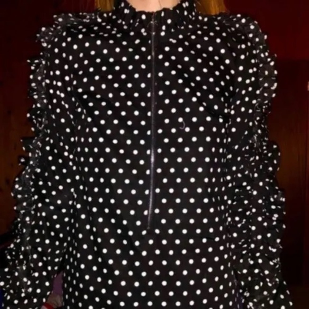 Greysn Black and White Polka Dot Ruffle Sleeve Zip Up Cotton Blouse Size Medium - Picture 11 of 11